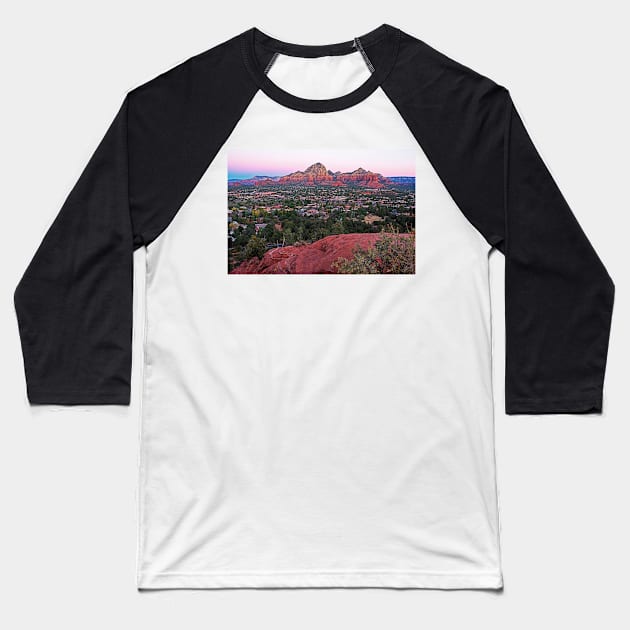 Looking down on Sedona from Airport Mesa Sunrise Baseball T-Shirt by WayneOxfordPh
